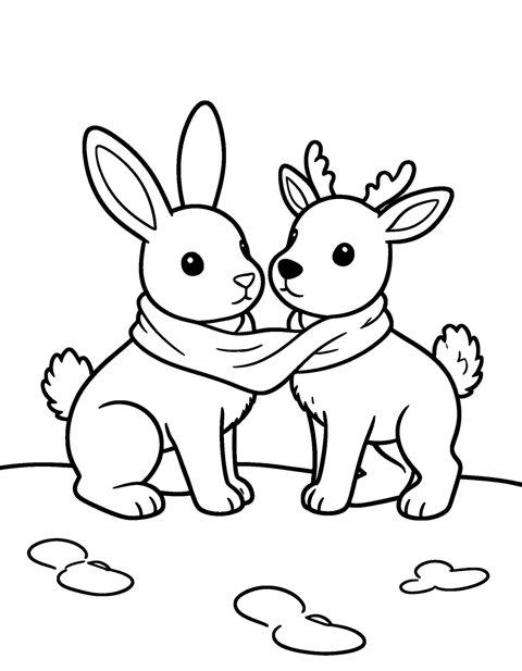 Bunny and Reindeer coloring page – A bunny and a baby reindeer sharing one cozy scarf in the snow.