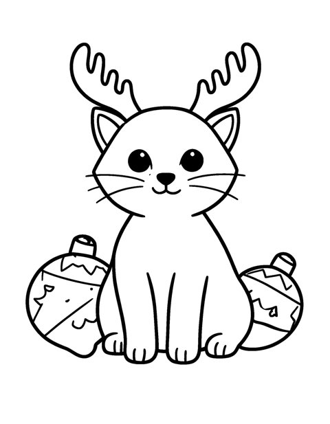 Cat Reindeer Antlers coloring page – A sitting cat wearing reindeer antlers, with Christmas baubles on both sides.