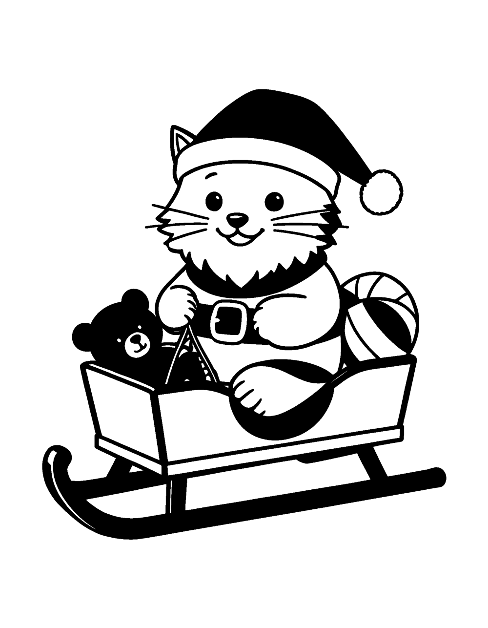 Cat Santa Sleigh coloring page – A cat dressed as Santa riding a little sleigh full of toys.