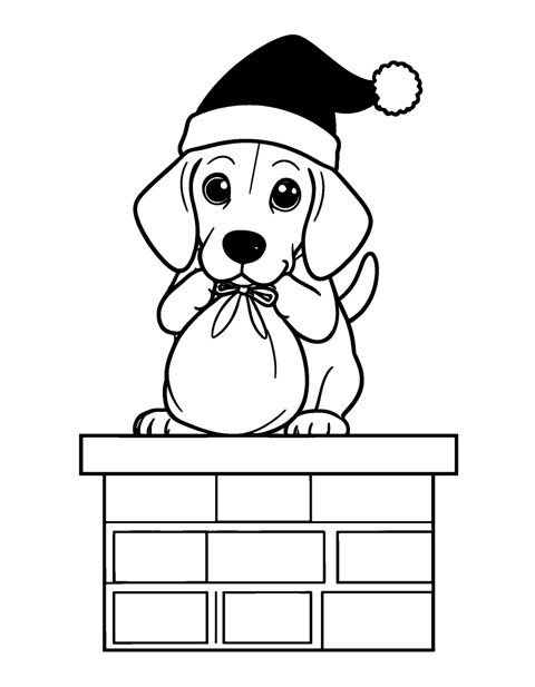 Dog Santa Chimney coloring page – A dog in a Santa hat climbing out of a brick chimney with a sack of gifts.