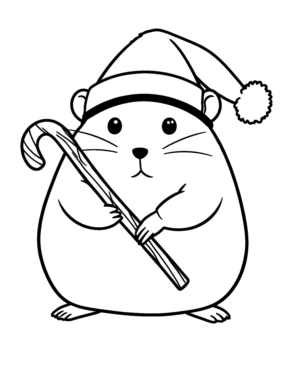 Hamster Santa Hat coloring page – A chubby hamster in a Santa hat holding a candy cane.