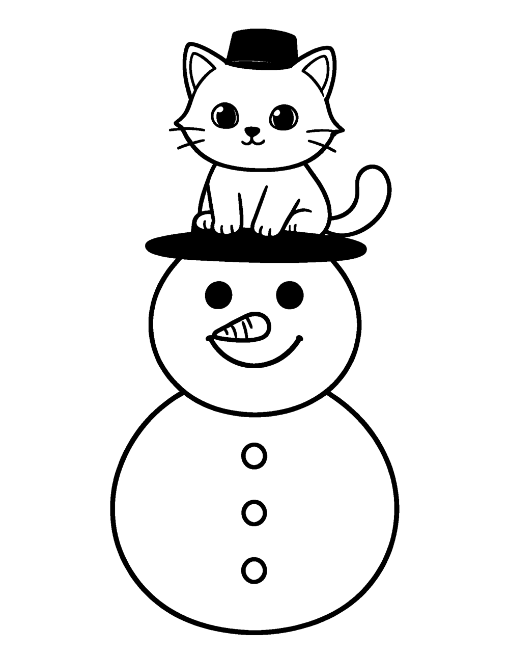 Cat and Snowman coloring page – A cat in a little top hat sitting on top of a smiling snowman.