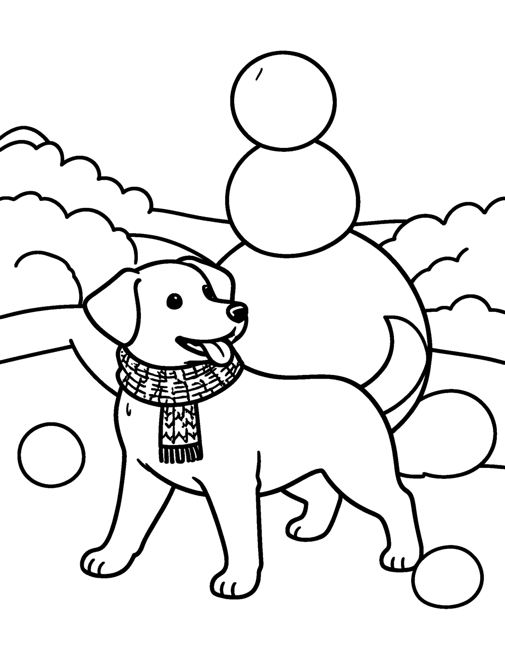 Dog Building Snowman coloring page – A puppy in a scarf playing next to a snowman in a snowy field.
