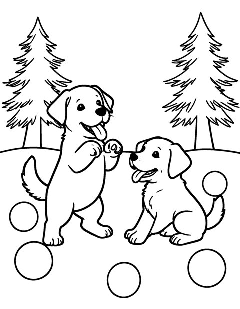 Puppies Snowball Fight coloring page – Two puppies playing in the snow between pine trees.