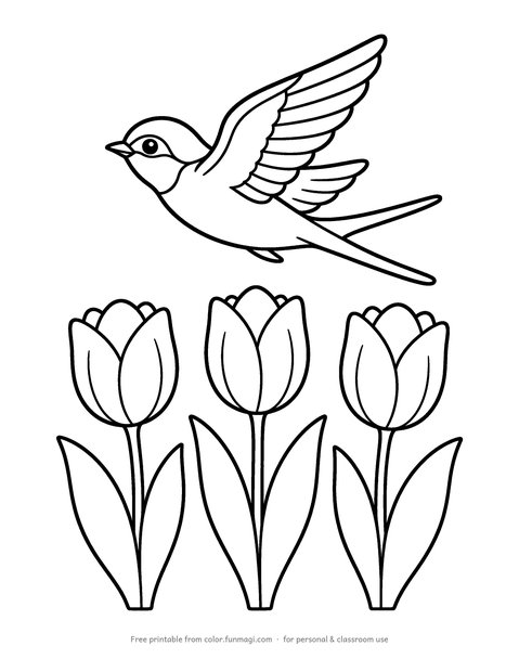 Large print coloring page: a barn swallow flying over a row of tulips, drawn with thick bold outlines