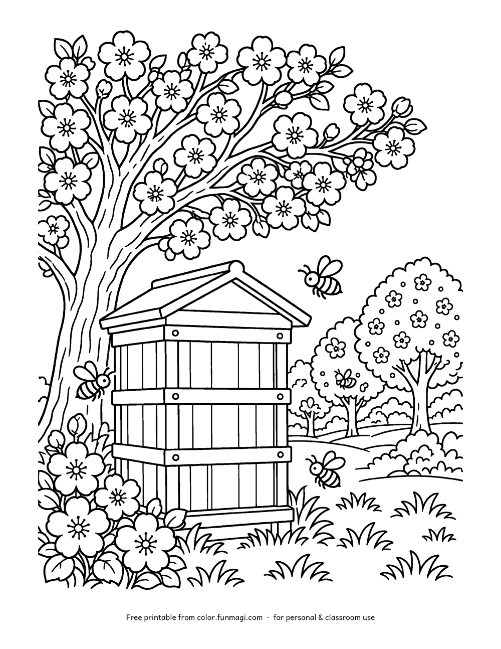 Large print coloring page: a beehive in an orchard under a cherry tree in bloom, drawn with thick bold outlines