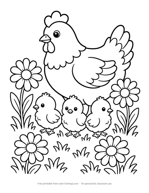 Large print coloring page: a mother hen with three chicks among daisies, drawn with thick bold outlines