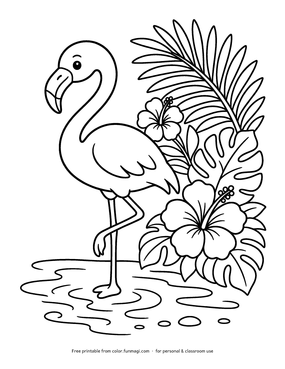 Large print coloring page: a flamingo standing on one leg with palm leaves and hibiscus, drawn with thick bold outlines
