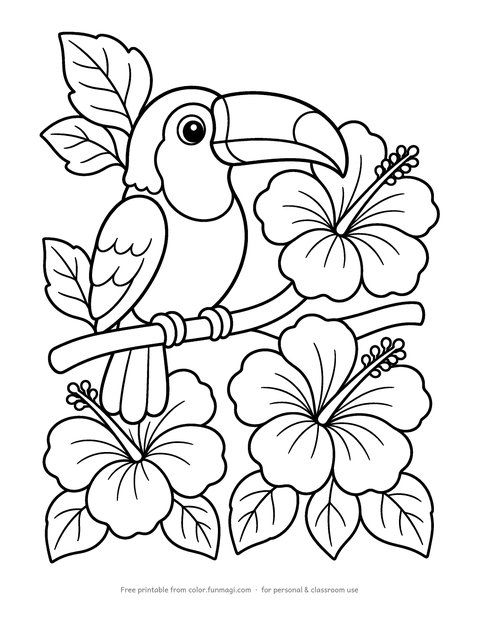 Large print coloring page: a toucan on a branch with hibiscus flowers, drawn with thick bold outlines