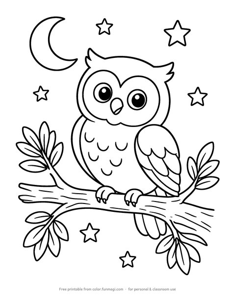 Large print coloring page: a friendly owl on a tree branch with a crescent moon and a few stars, drawn with thick bold outlines